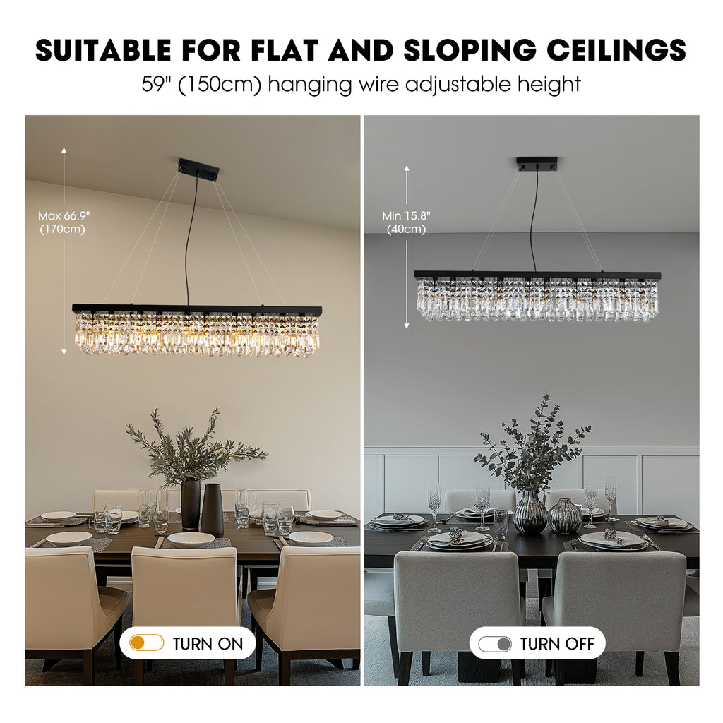 10-Light Dimmable Crystal Rectangle Chandelier for Kitchen Island and Dining Room, Modern Luxury Gold Ceiling Light
