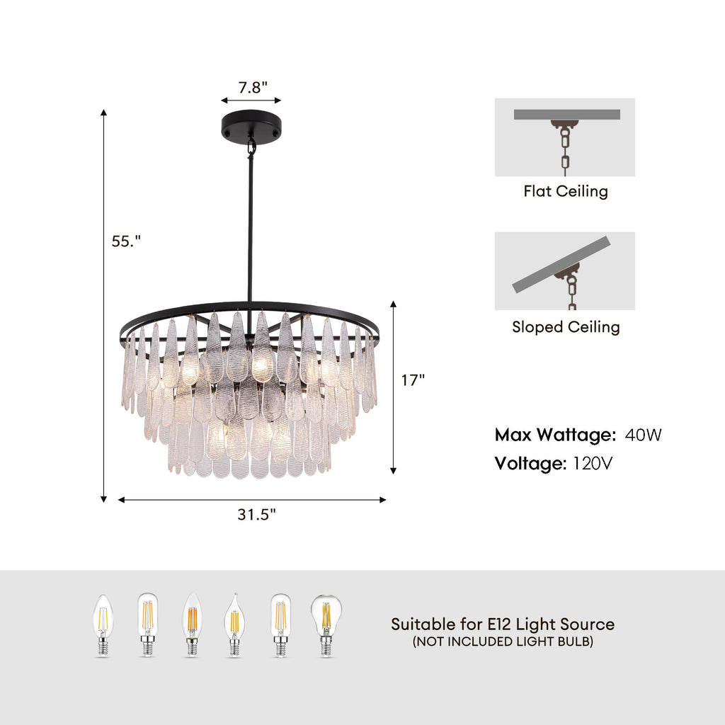 12-Light Modern Black Glass Chandelier for Dining Room or Kitchen