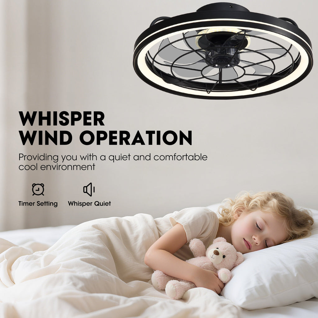 19" Indoor Black Caged Ceiling Fan with Integrated LED Light Modern Farmhouse Flush Mount Ceiling Fan
