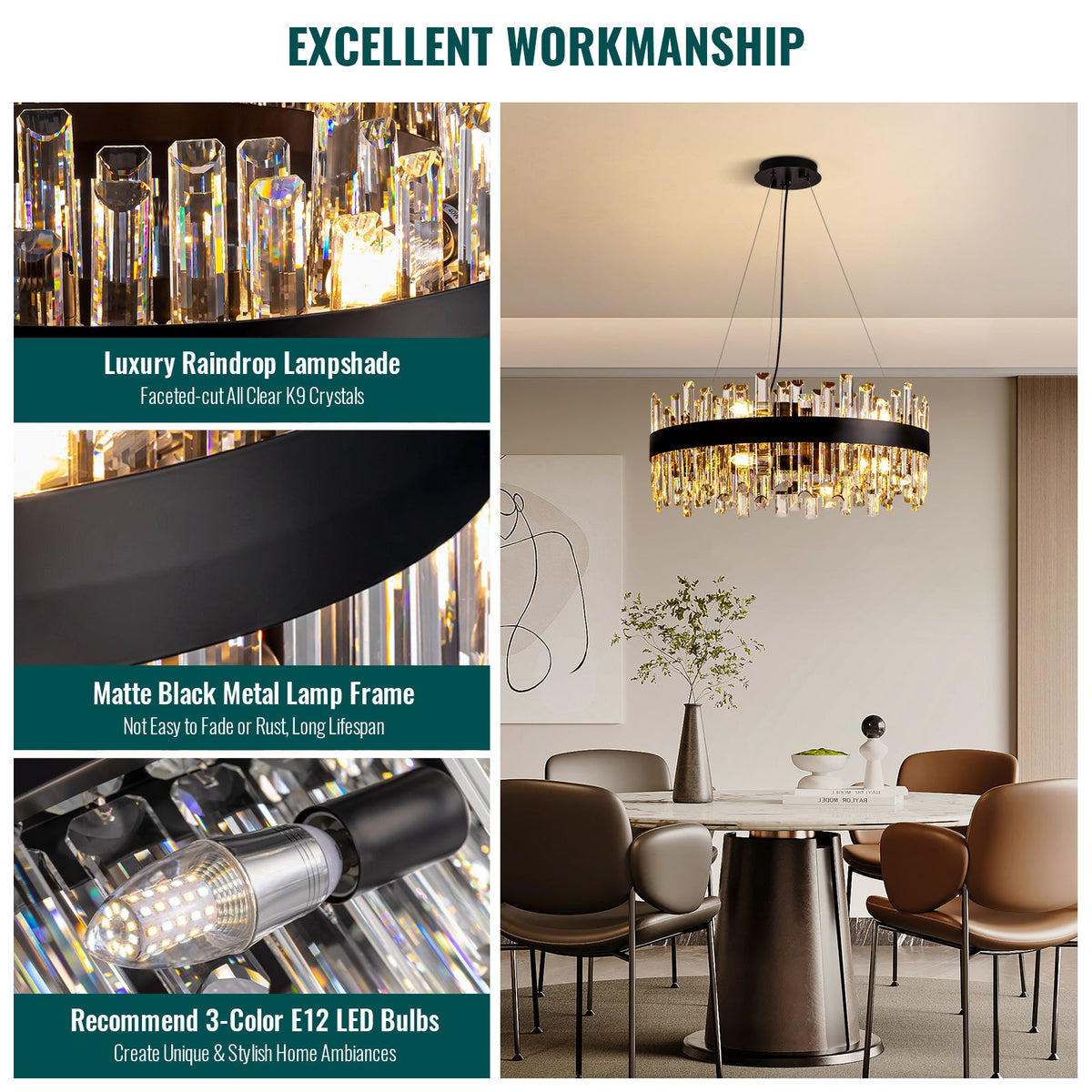12-Light Modern  Black Crystal Chandelier Circle Round 2-Tiers Chandelier for Dining Living Room Bedroom
