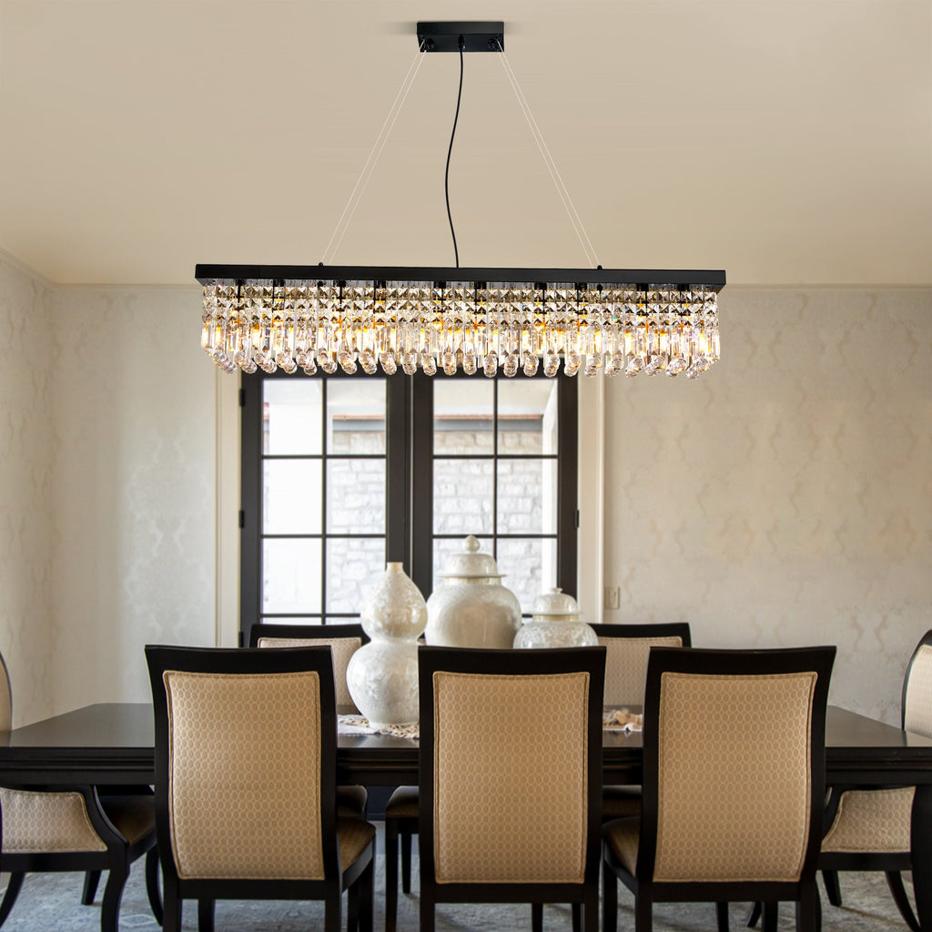 10-Light Dimmable Crystal Rectangle Chandelier for Kitchen Island and Dining Room, Modern Luxury Gold Ceiling Light