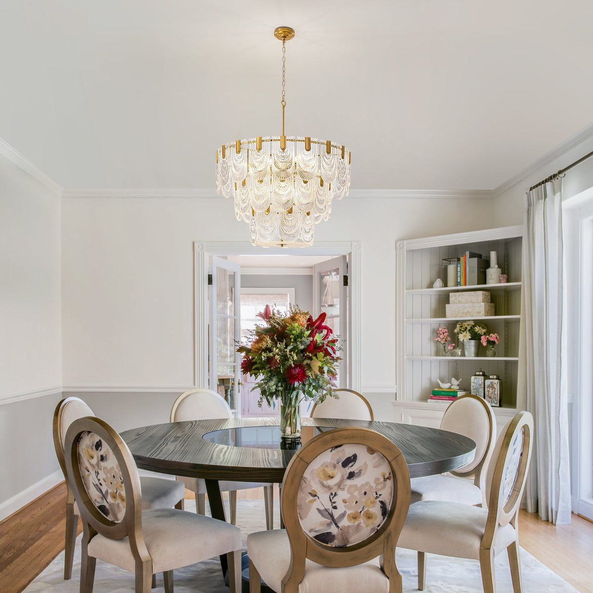 12-Light Modern Electroplated Gold 3-Layer Glass Chandelier for Dining Room and Living Room