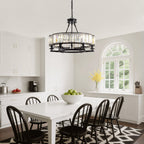 26" Modern 6-Light Farmhouse Crystal Drum Matte Black Wagon Wheel Chandelier Ceiling Semi Flush Mount