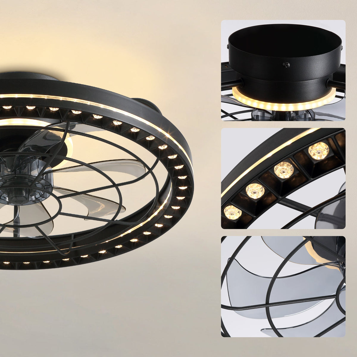19" Indoor Black Low Profile Caged Ceiling Fan with Lights and Remote