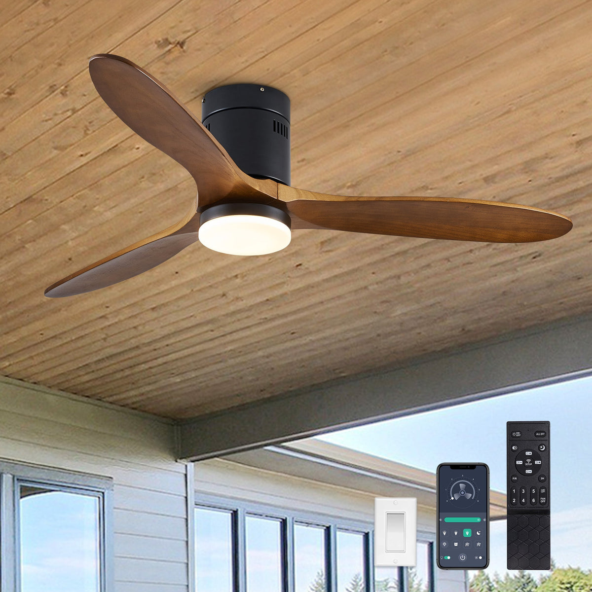 52" 3-Blade Flush Mount Ceiling Fan with Light Kit, Remote Control, and Quiet DC Motor for Bedroom