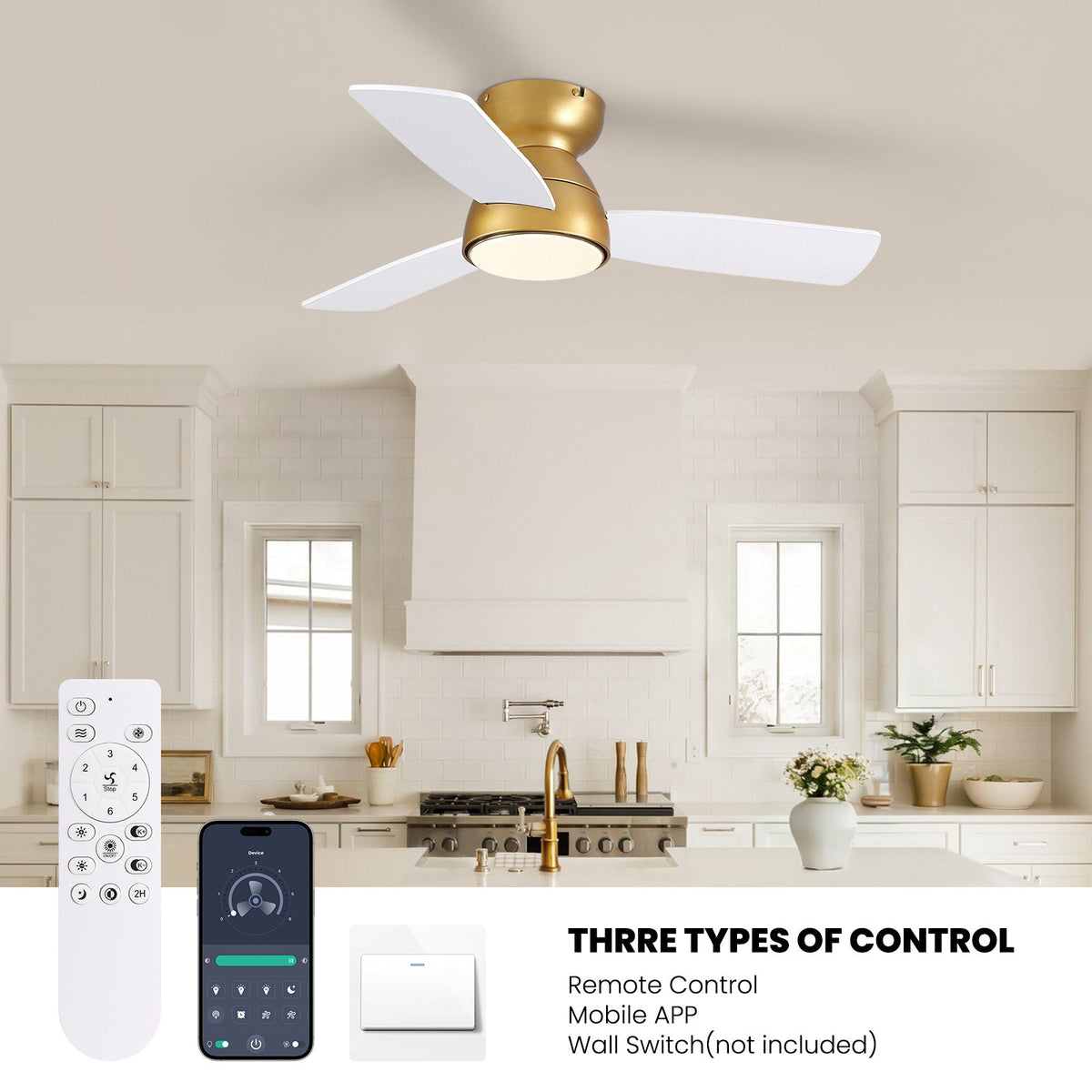 32in Ceiling Fan with Light and Remote/APP Controls, Low Profile Bedroom Fans with Reversible Motor