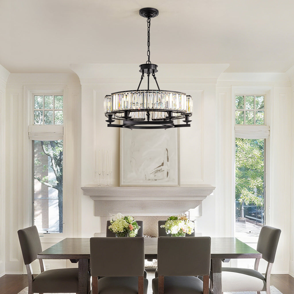 26" Modern 6-Light Farmhouse Crystal Drum Matte Black Wagon Wheel Chandelier Ceiling Semi Flush Mount