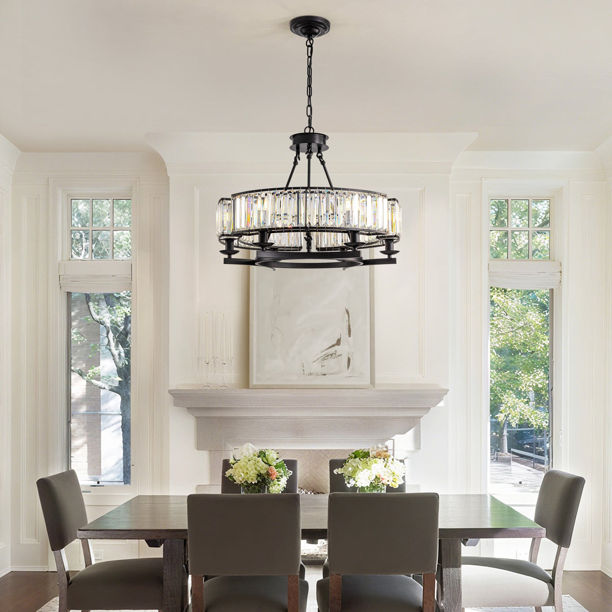 26" Modern 6-Light Farmhouse Crystal Drum Matte Black Wagon Wheel Chandelier Ceiling Semi Flush Mount