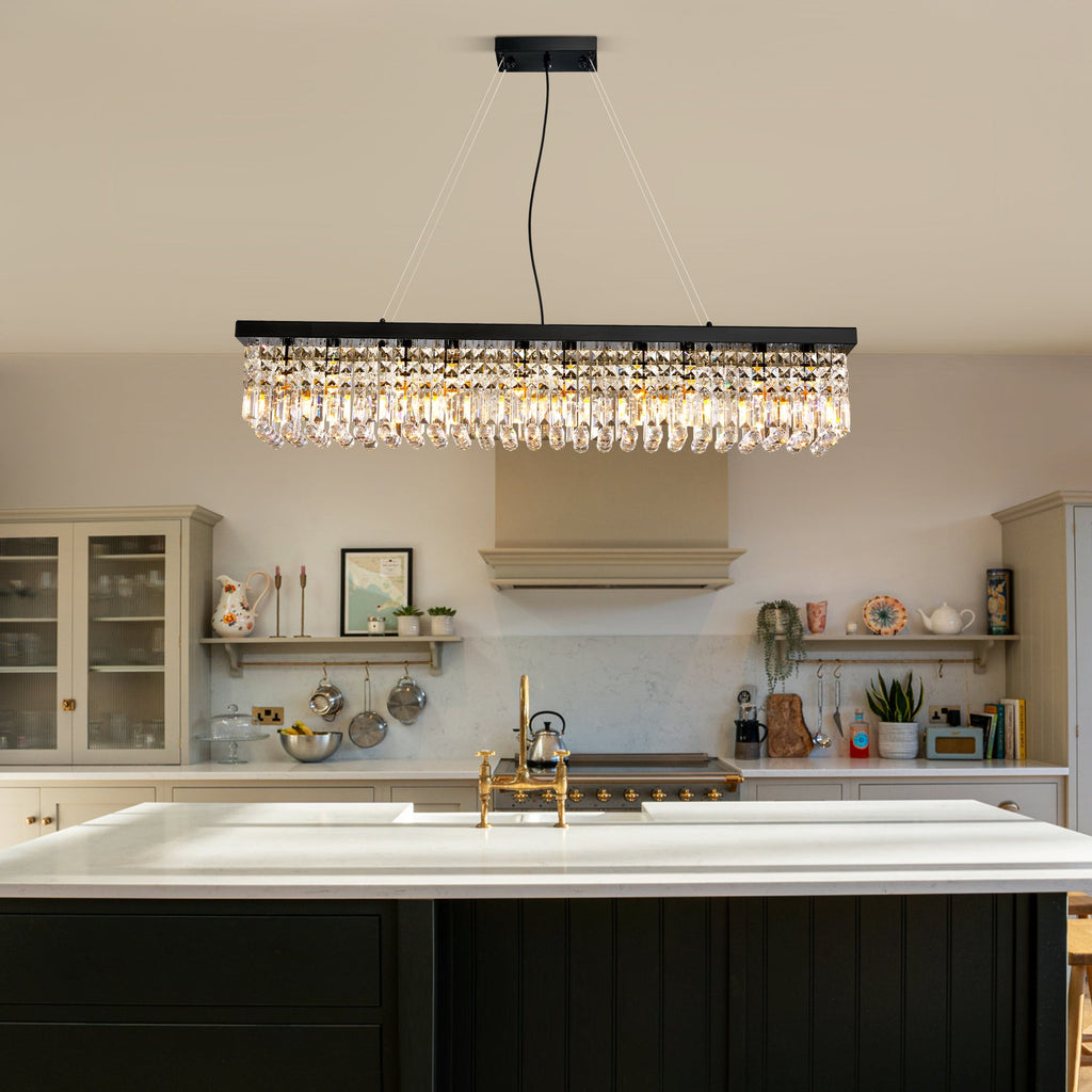 10-Light Dimmable Crystal Rectangle Chandelier for Kitchen Island and Dining Room, Modern Luxury Gold Ceiling Light