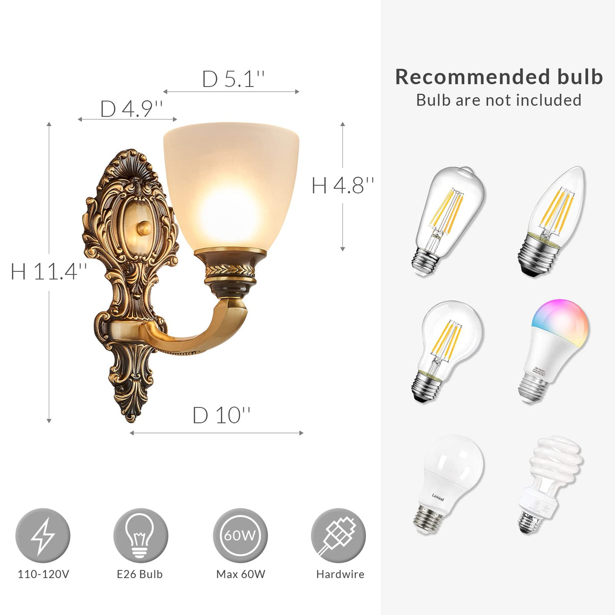 2-Pack Vintage Brass Wall Sconce Mid-Century Modern Wall Light Fixtures with Milk White Glass Shades(No Bulbs)