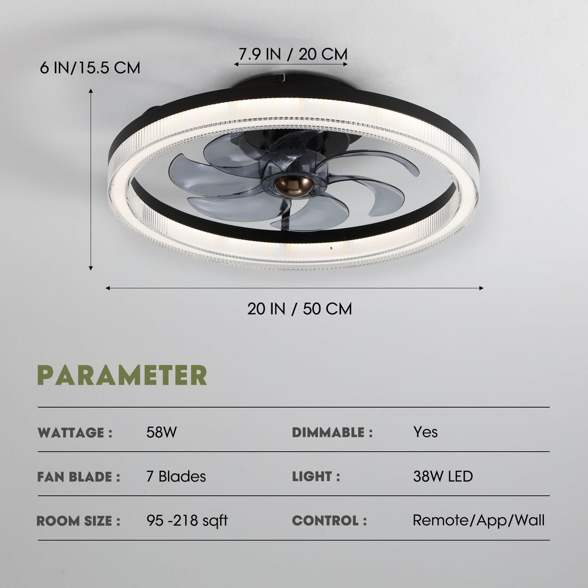 19.7in Smart Ceiling Fan with Lights, Dimmable LED & APP Control
