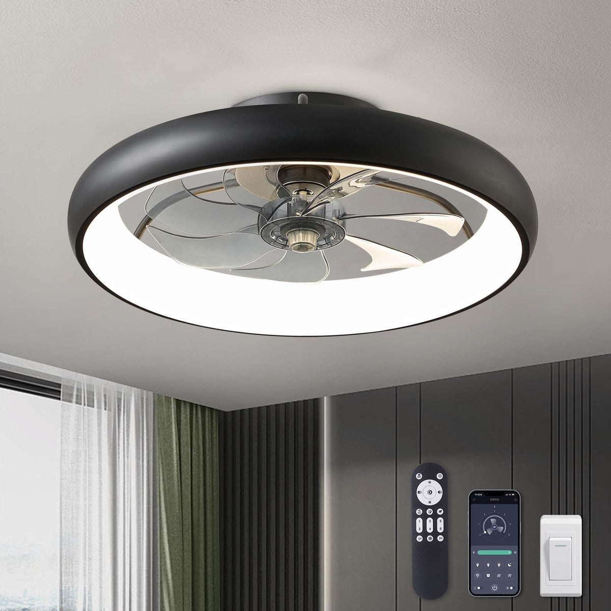 20 in. Smart Indoor Modern Black Round Low Profile Ceiling Fan with Dimmable LED with Remote Included for Bedroom