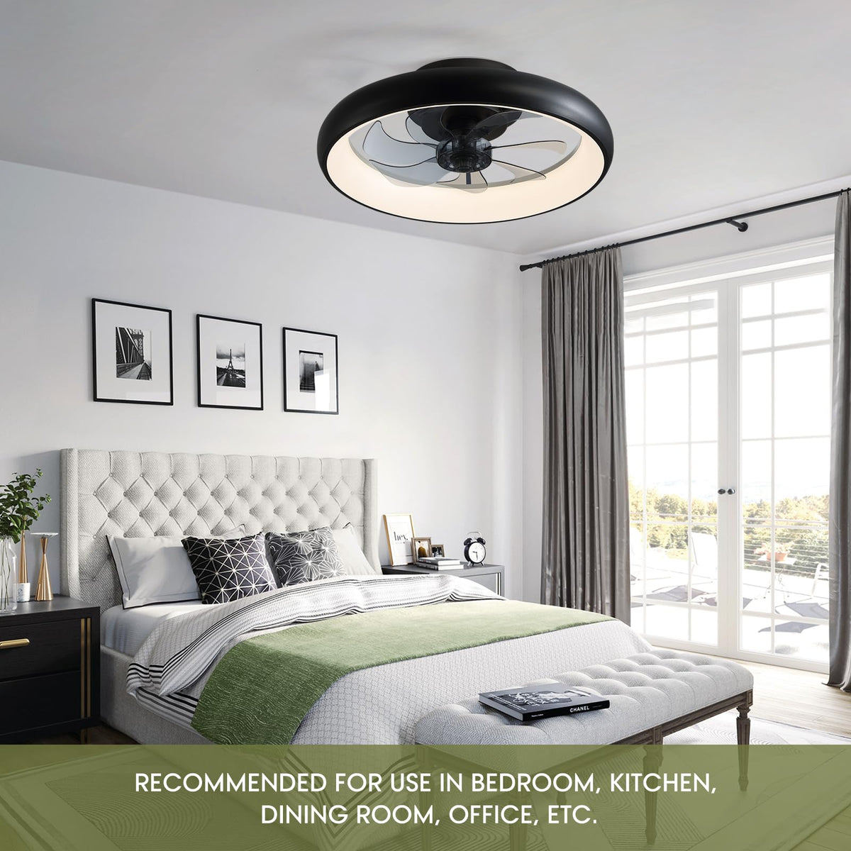 20 in. Smart Indoor Modern Black Round Low Profile Ceiling Fan with Dimmable LED with Remote Included for Bedroom
