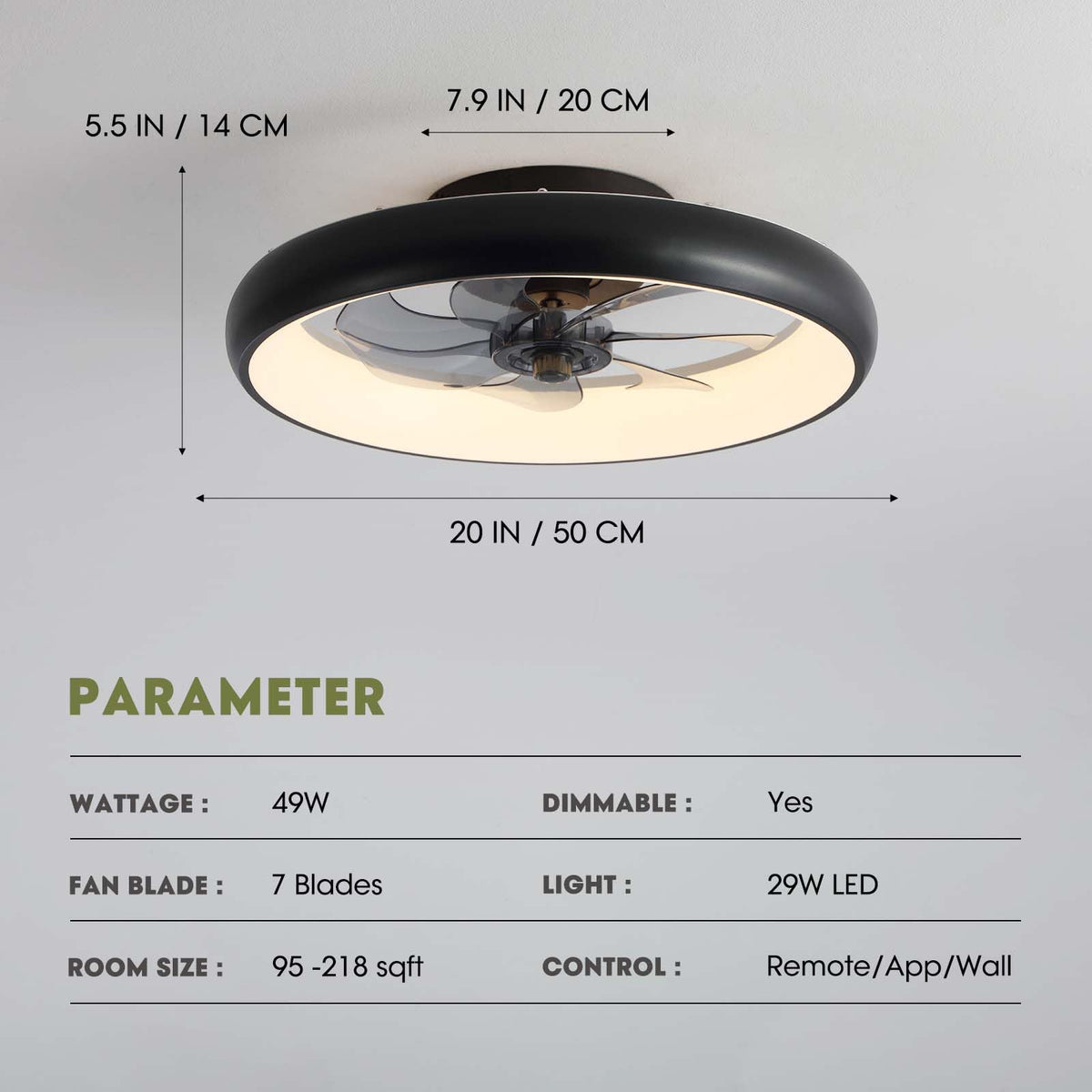 20 in. Smart Indoor Modern Black Round Low Profile Ceiling Fan with Dimmable LED with Remote Included for Bedroom