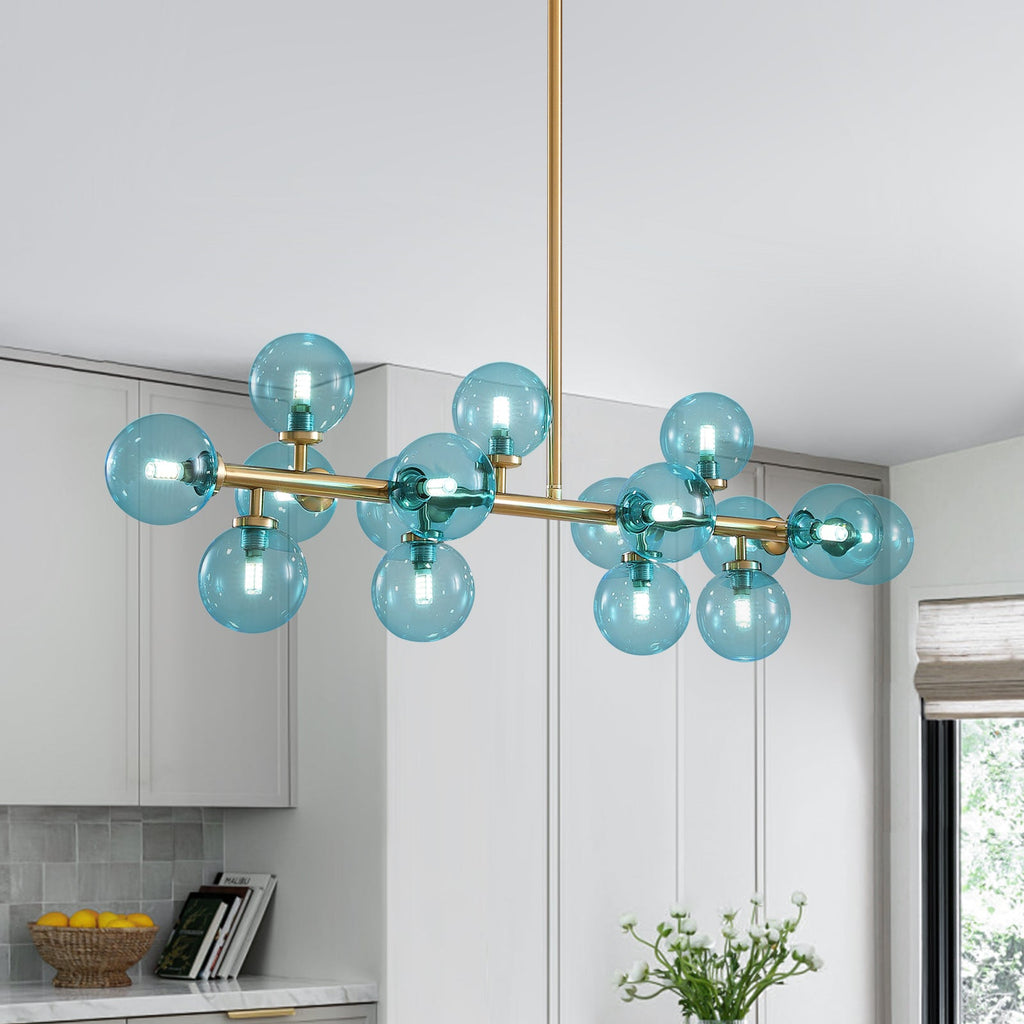 Mid Century Modern Blue Glass Gold Linear Sputnik Chandelier for Kitchen Island Dining Room