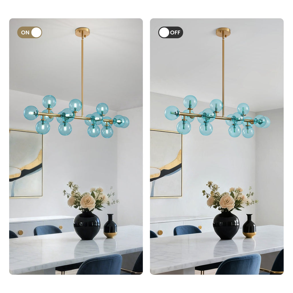 Mid Century Modern Blue Glass Gold Linear Sputnik Chandelier for Kitchen Island Dining Room