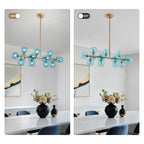 Mid Century Modern Blue Glass Gold Linear Sputnik Chandelier for Kitchen Island Dining Room