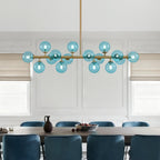 Mid Century Modern Blue Glass Gold Linear Sputnik Chandelier for Kitchen Island Dining Room