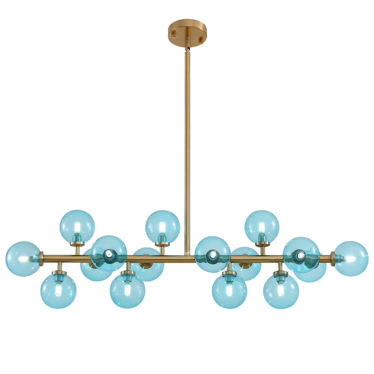 Mid Century Modern Blue Glass Gold Linear Sputnik Chandelier for Kitchen Island Dining Room