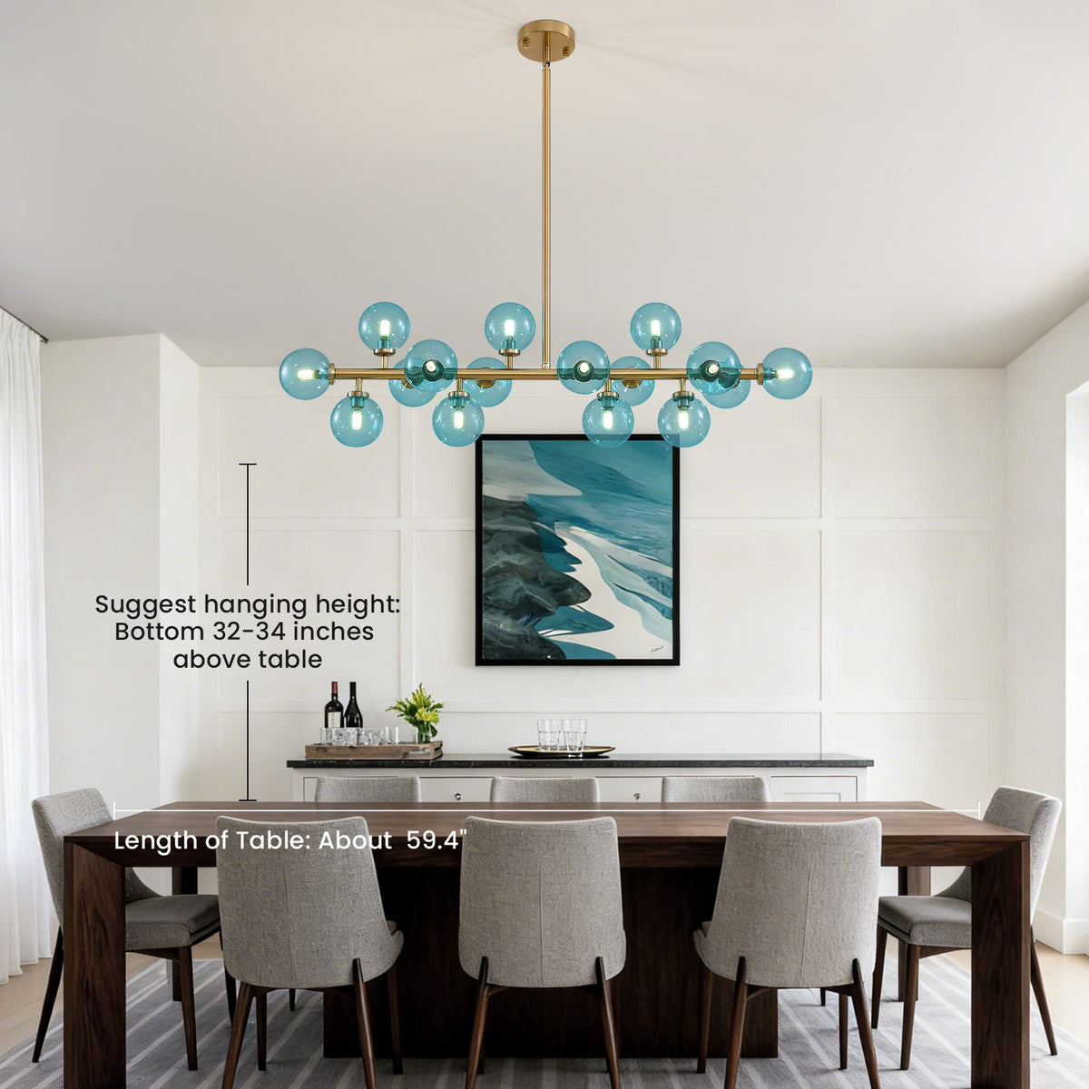 Mid Century Modern Blue Glass Gold Linear Sputnik Chandelier for Kitchen Island Dining Room
