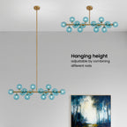 Mid Century Modern Blue Glass Gold Linear Sputnik Chandelier for Kitchen Island Dining Room