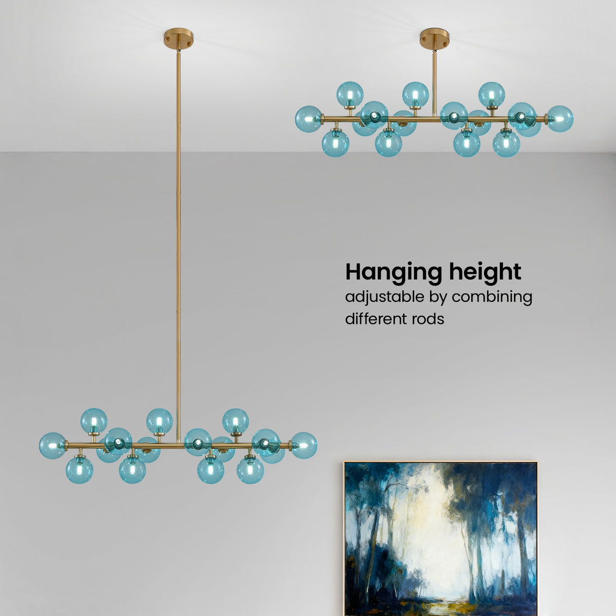 Mid Century Modern Blue Glass Gold Linear Sputnik Chandelier for Kitchen Island Dining Room