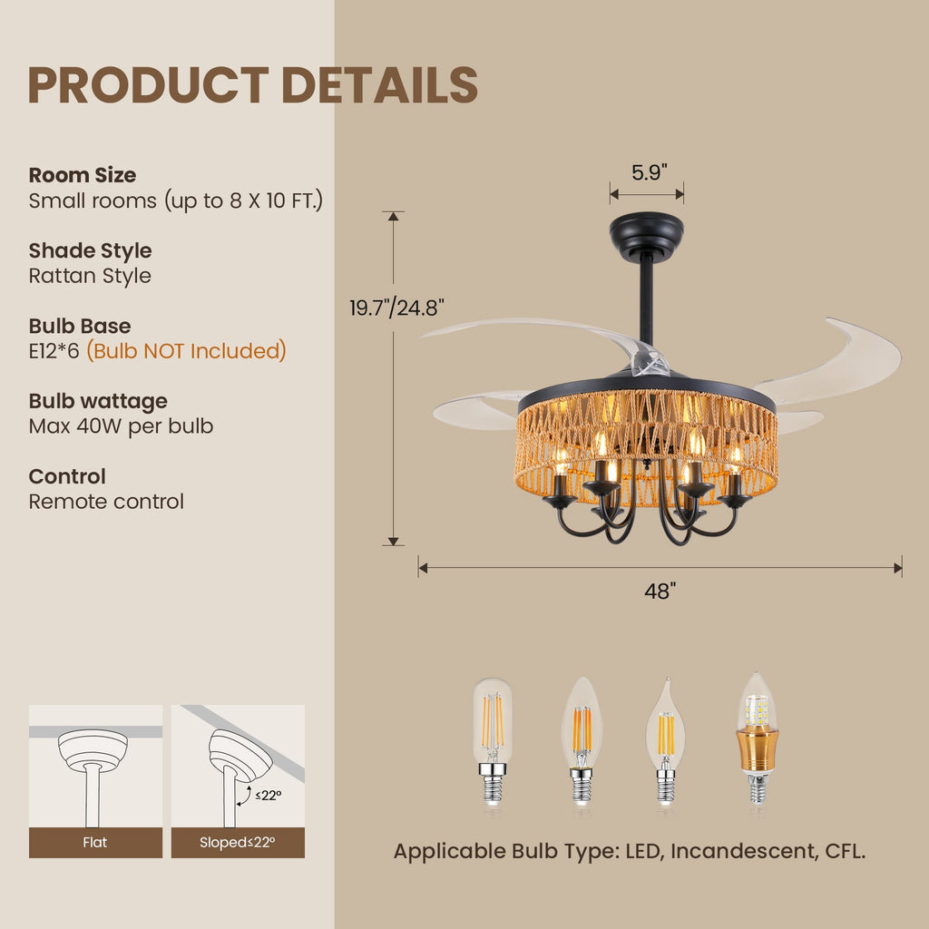 48in Smart Retractable Ceiling Fan with Light & Remote, 4-Blade