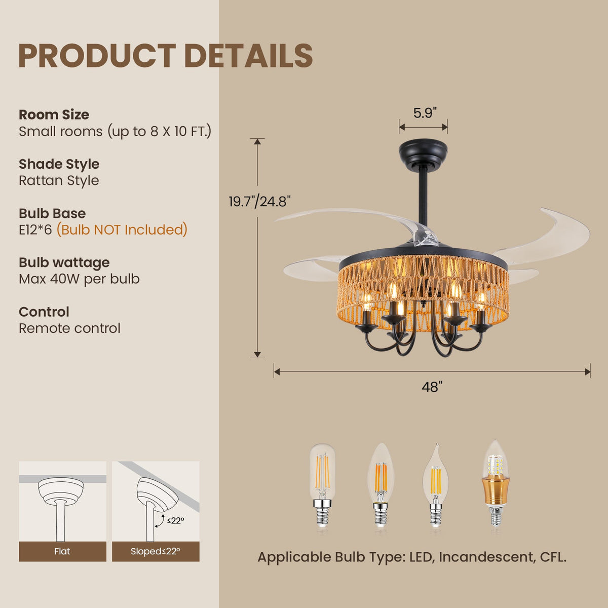 48in Smart Retractable Ceiling Fan with Light & Remote, 4-Blade