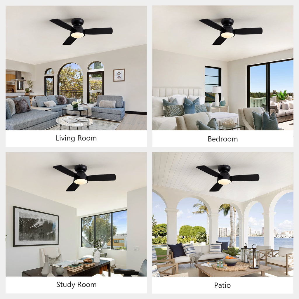 32 in. Integrated LED Standard Smart Indoor Modern Matte Black Flush Mount Ceiling Fan with Remote & App Control