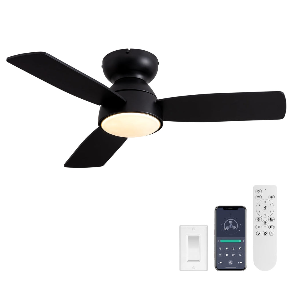 32 in. Integrated LED Standard Smart Indoor Modern Matte Black Flush Mount Ceiling Fan with Remote & App Control