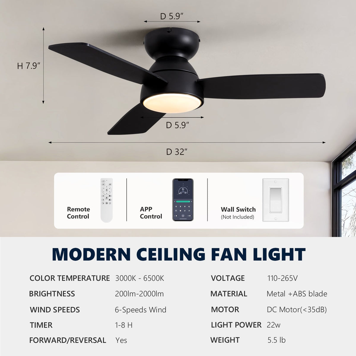 32 in. Integrated LED Standard Smart Indoor Modern Matte Black Flush Mount Ceiling Fan with Remote & App Control