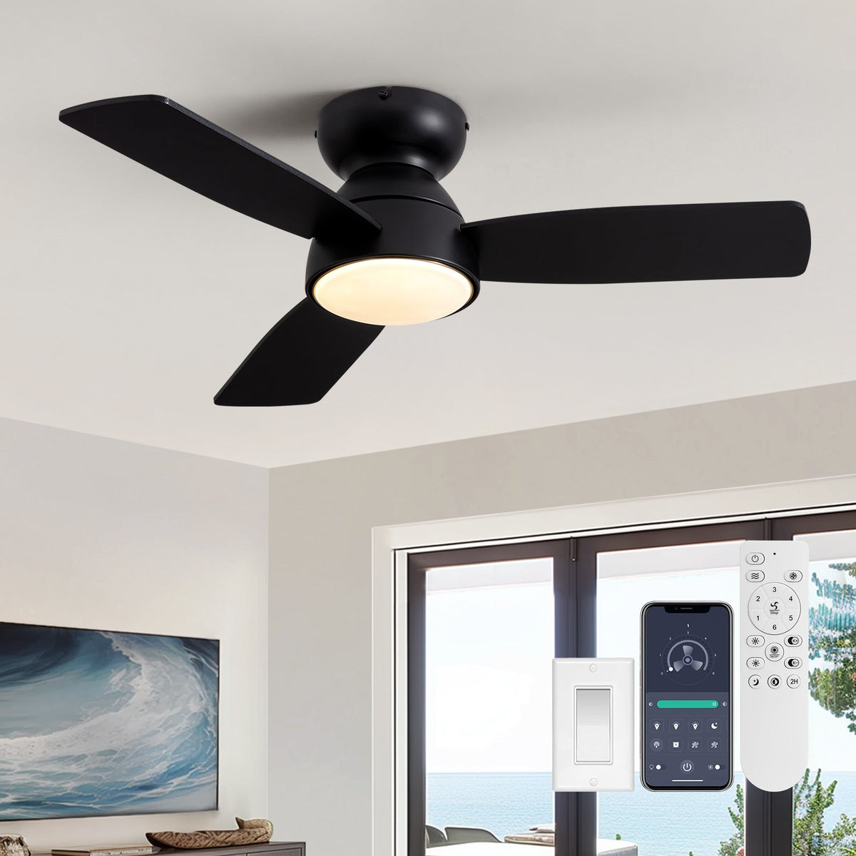 32 in. Integrated LED Standard Smart Indoor Modern Matte Black Flush Mount Ceiling Fan with Remote & App Control