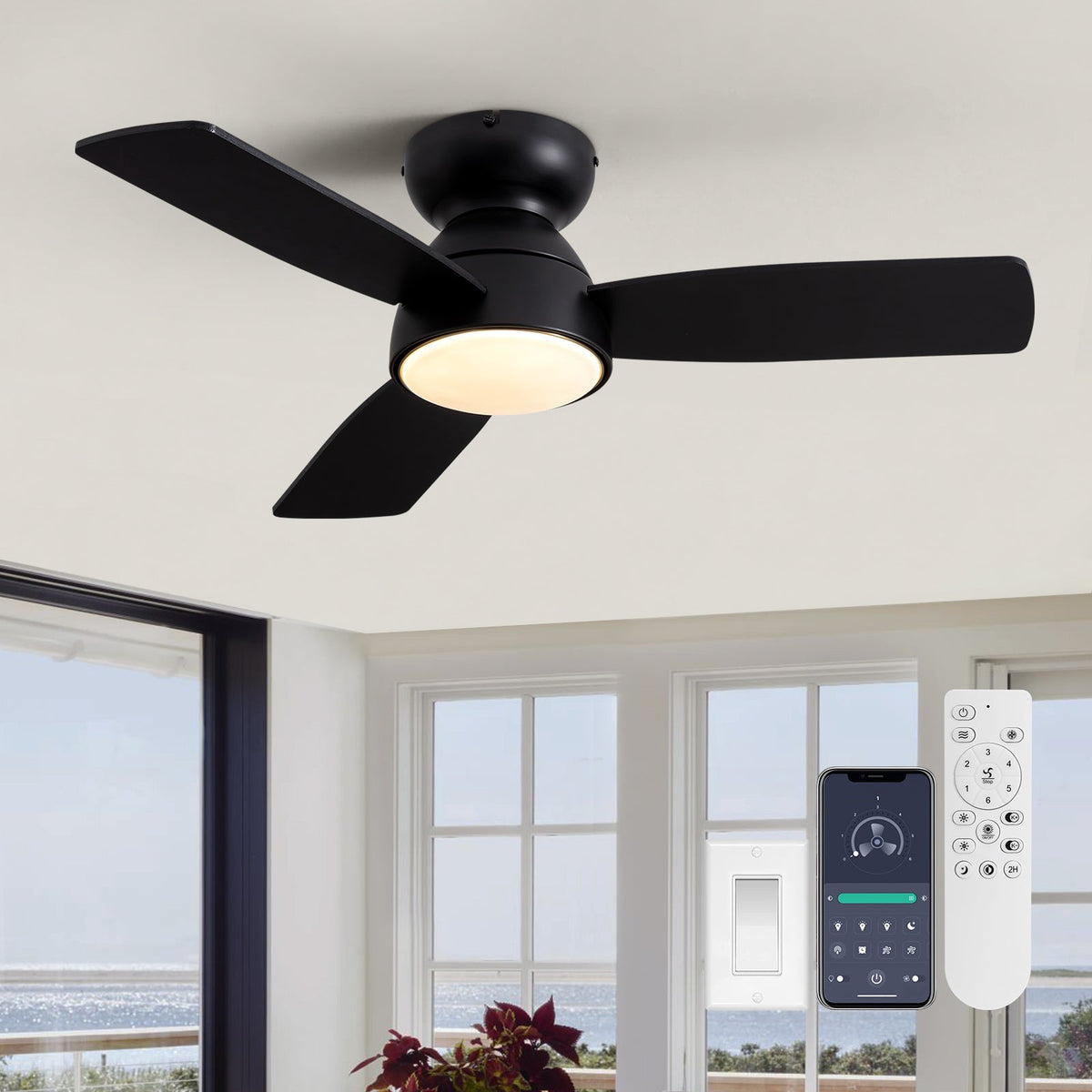 32 in. Integrated LED Standard Smart Indoor Modern Matte Black Flush Mount Ceiling Fan with Remote & App Control
