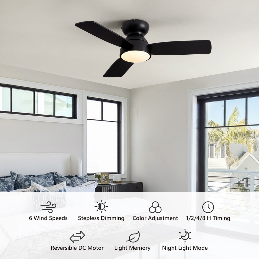 32 in. Integrated LED Standard Smart Indoor Modern Matte Black Flush Mount Ceiling Fan with Remote & App Control