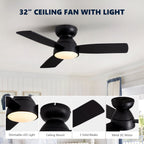 32 in. Integrated LED Standard Smart Indoor Modern Matte Black Flush Mount Ceiling Fan with Remote & App Control