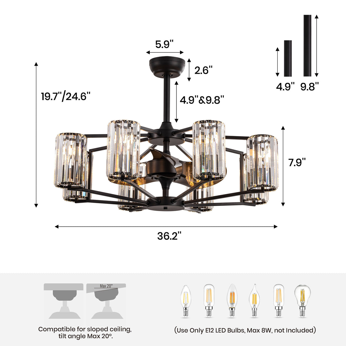 Crystal & Wrought Iron Ceiling Fan with Lights, Remote Control