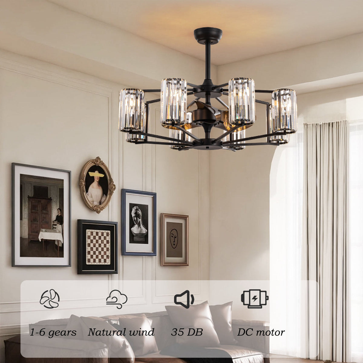 Crystal & Wrought Iron Ceiling Fan with Lights, Remote Control
