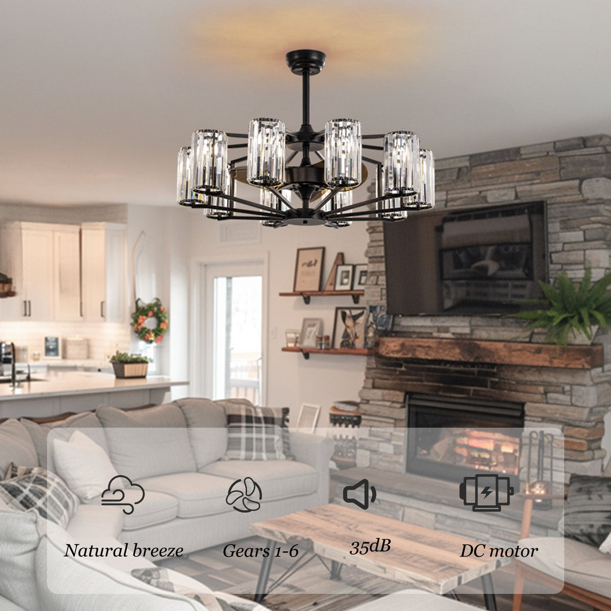 36 in 10-Light Black Crystal Chandelier Ceiling Fan(no Bulbs)with Remote Control and Adjustable Fan Speed