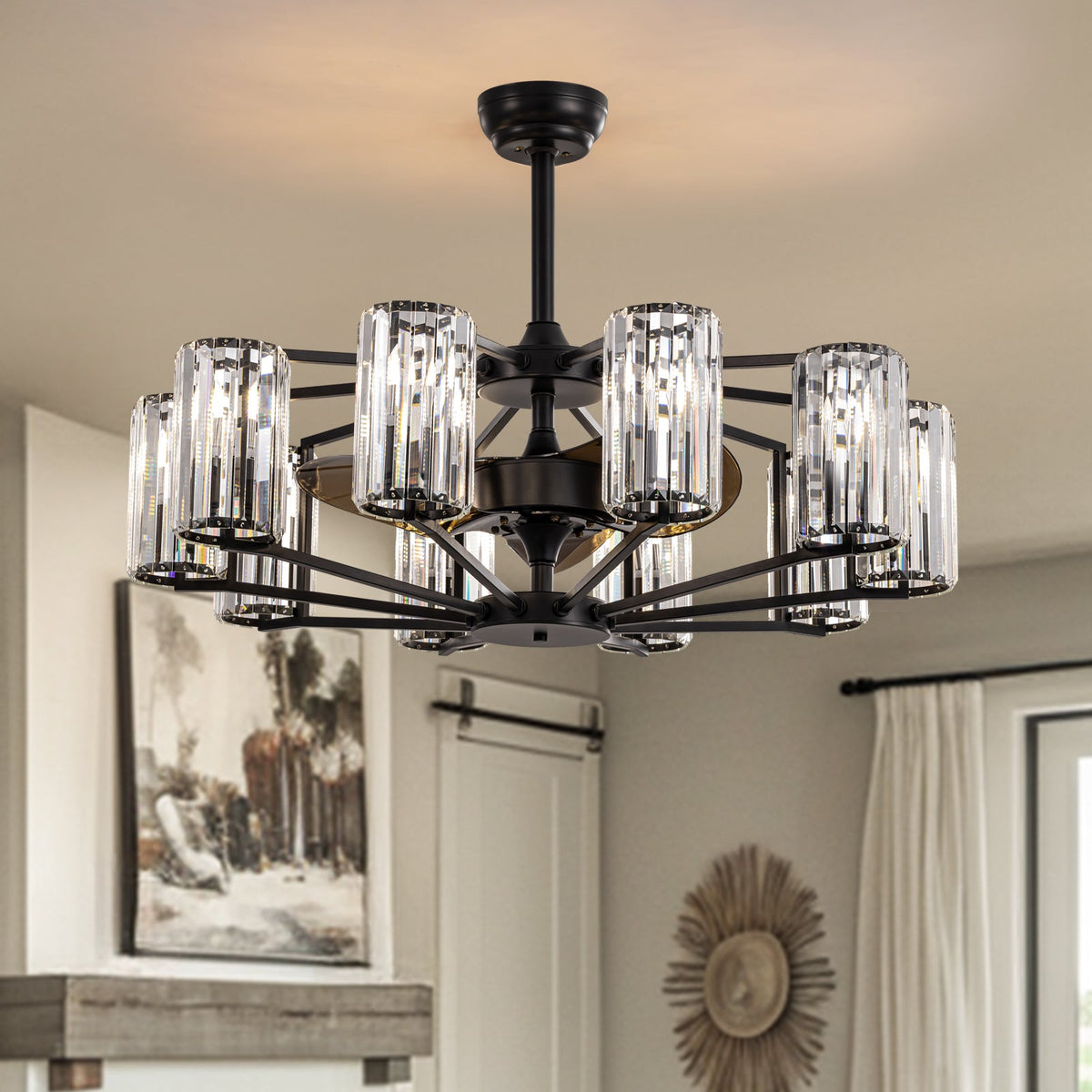 36 in 10-Light Black Crystal Chandelier Ceiling Fan(no Bulbs)with Remote Control and Adjustable Fan Speed