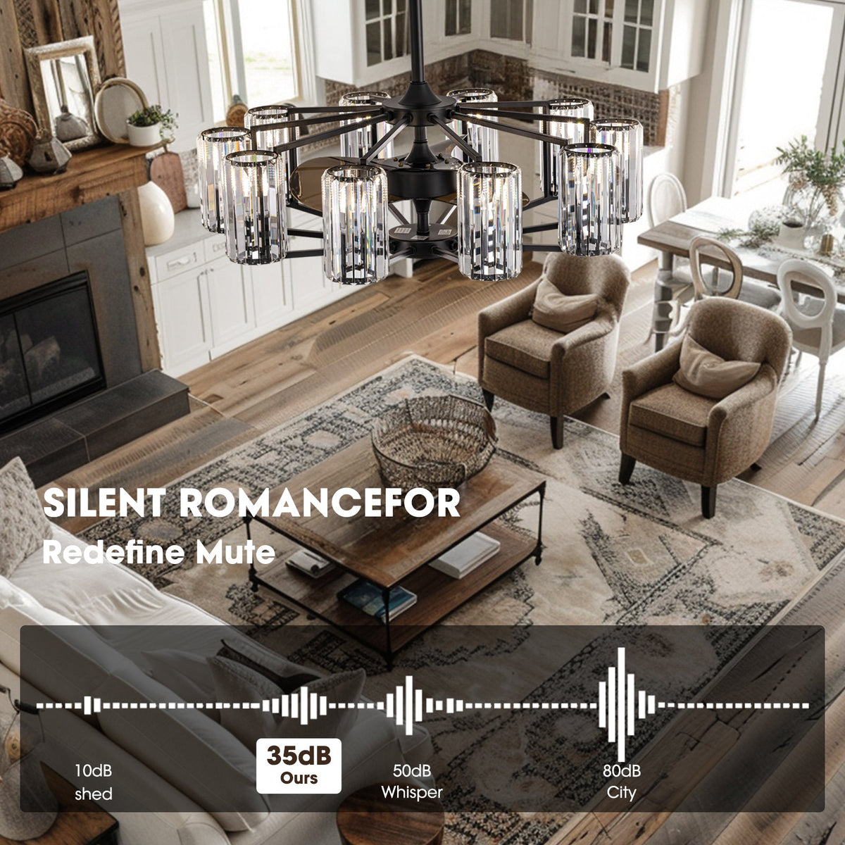36 in 10-Light Black Crystal Chandelier Ceiling Fan(no Bulbs)with Remote Control and Adjustable Fan Speed