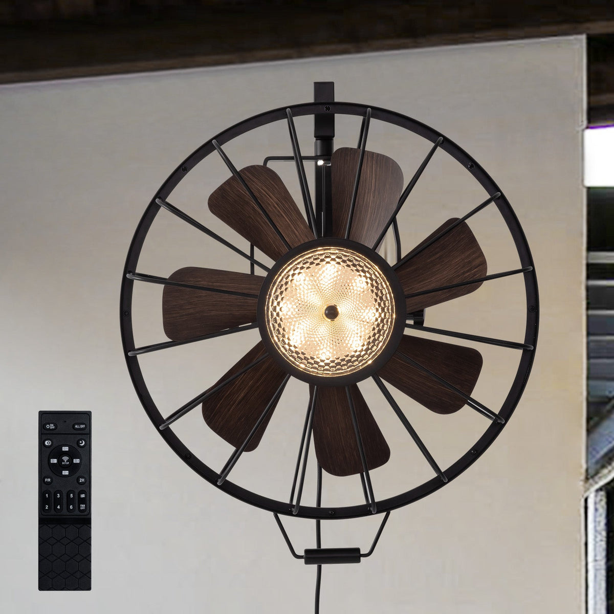 20 in. Black Indoor/Outdoor LED Waterproof Caged Wall Mount Fan with Remote and APP Control