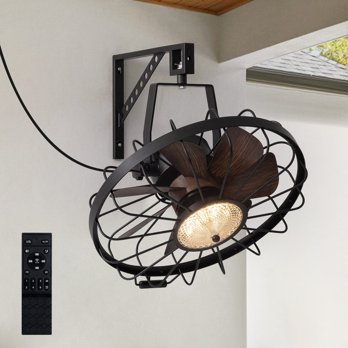 20 in. Black Indoor/Outdoor LED Waterproof Caged Wall Mount Fan with Remote and APP Control