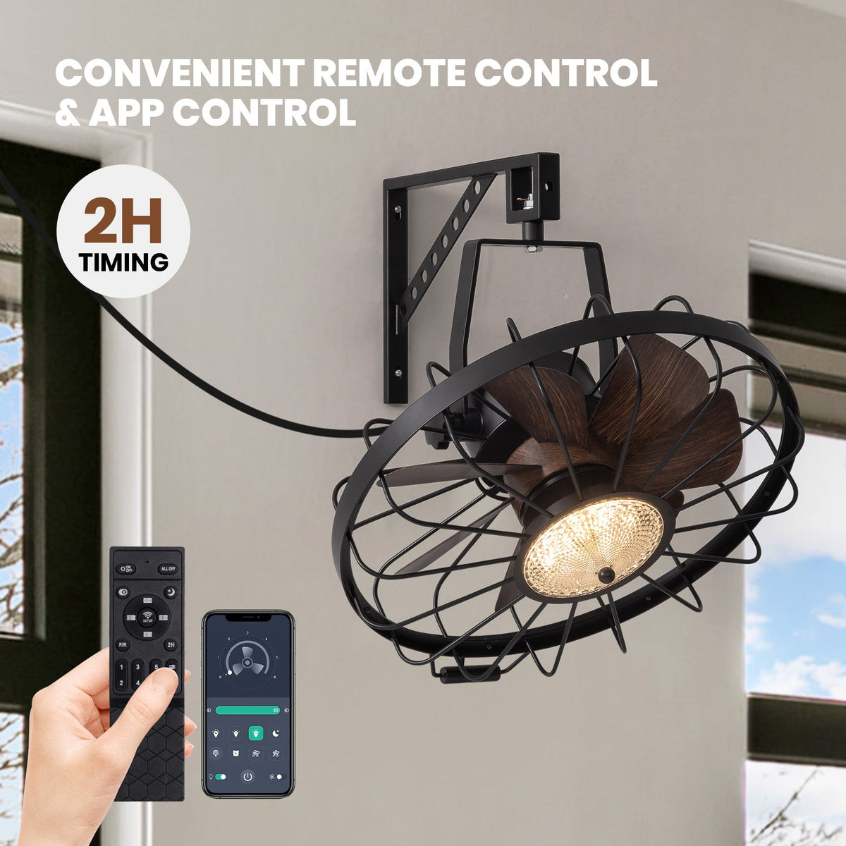 20 in. Black Indoor/Outdoor LED Waterproof Caged Wall Mount Fan with Remote and APP Control