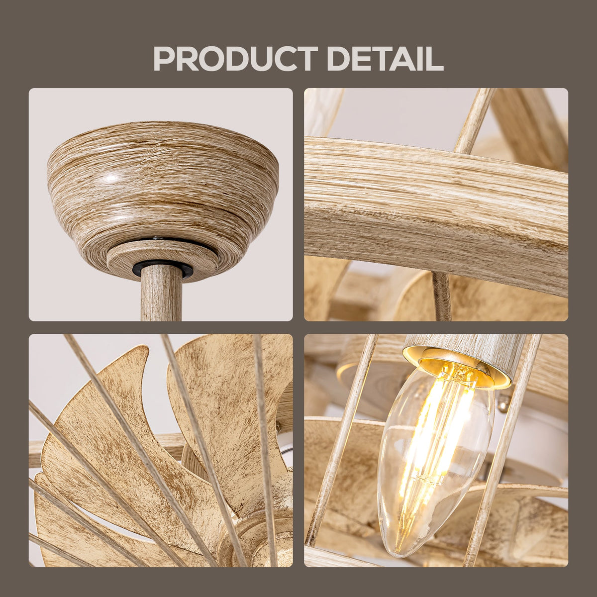 Indoor Industrial Woodgrain Caged Chandelier Ceiling Fan