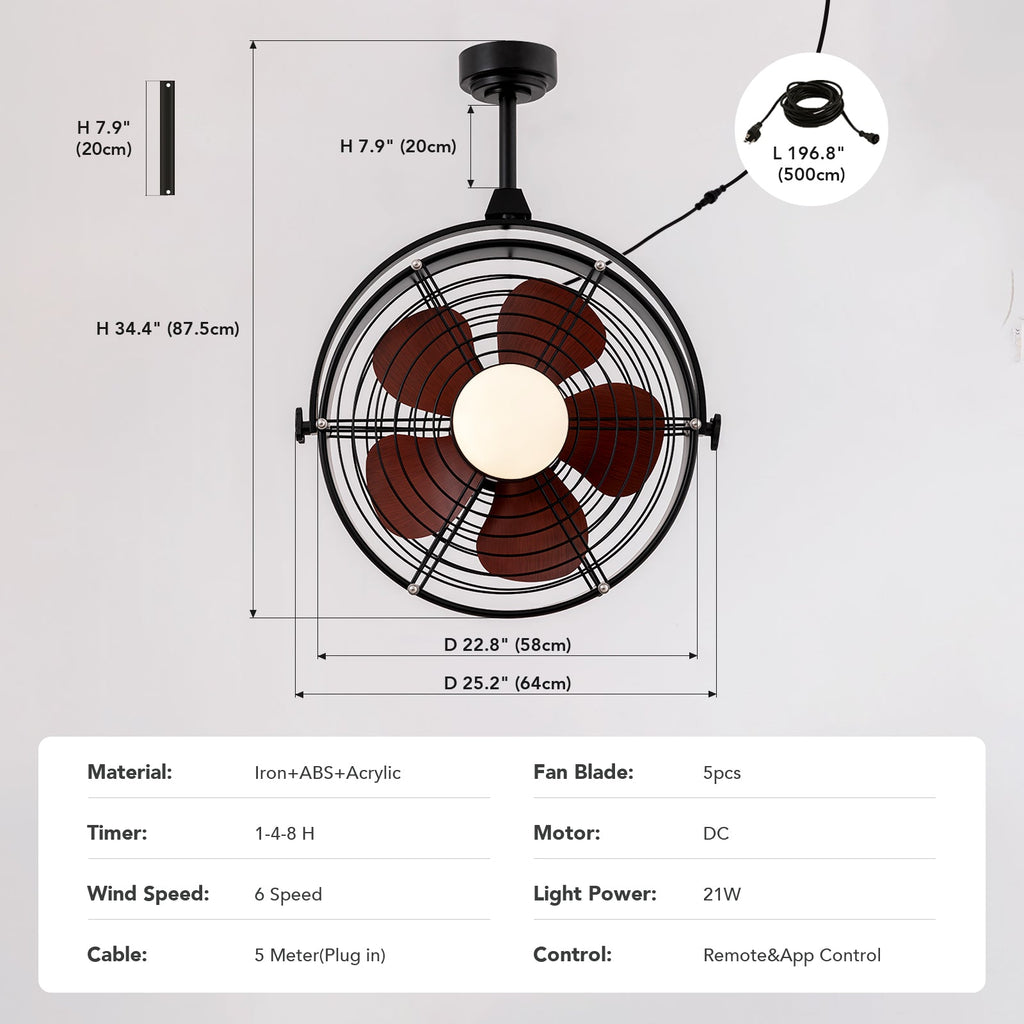 25in Outdoor Waterproof Ceiling Fan with Light 3CCT Dimmable Plug in Caged Ceiling Fan