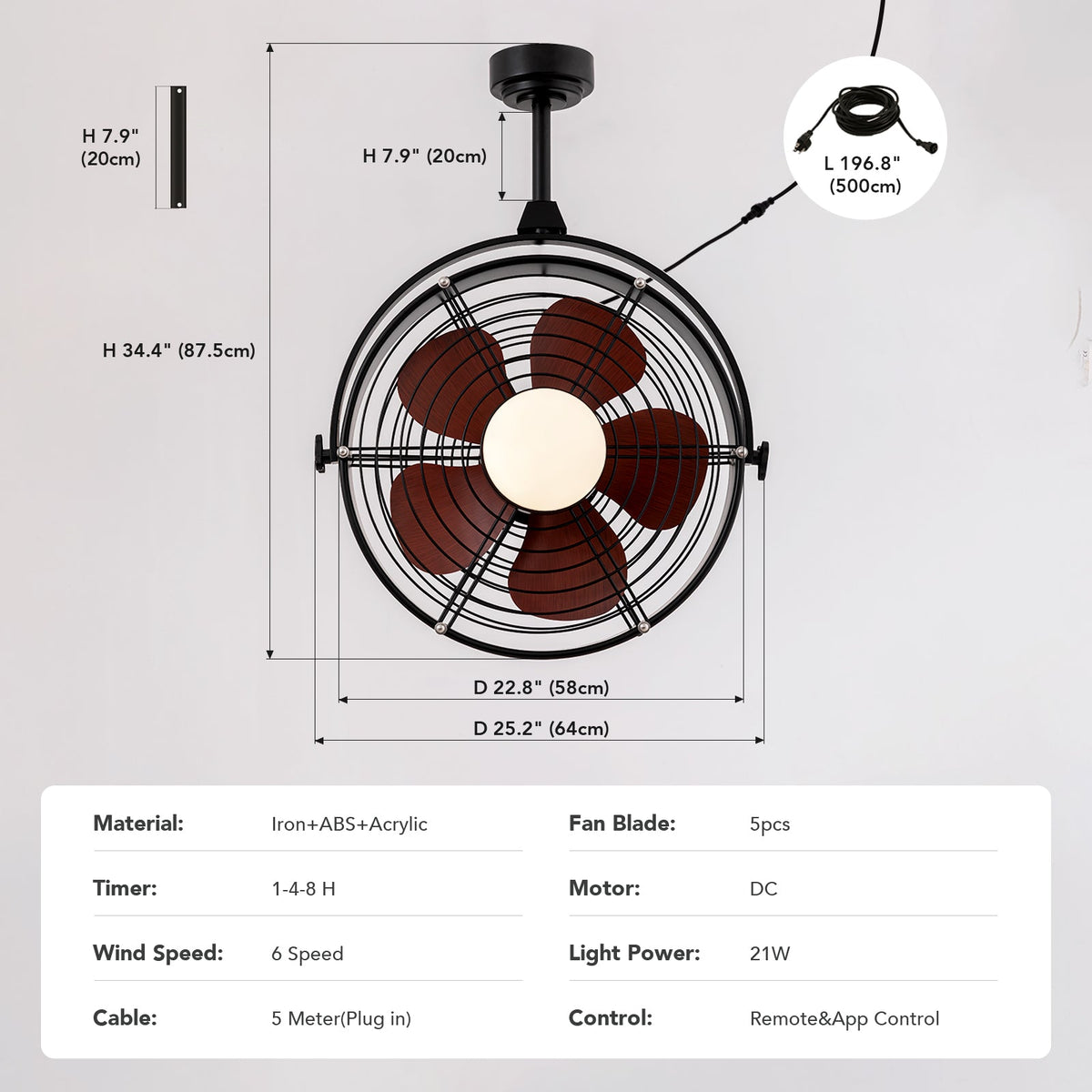 25in Outdoor Waterproof Ceiling Fan with Light 3CCT Dimmable Plug in Caged Ceiling Fan