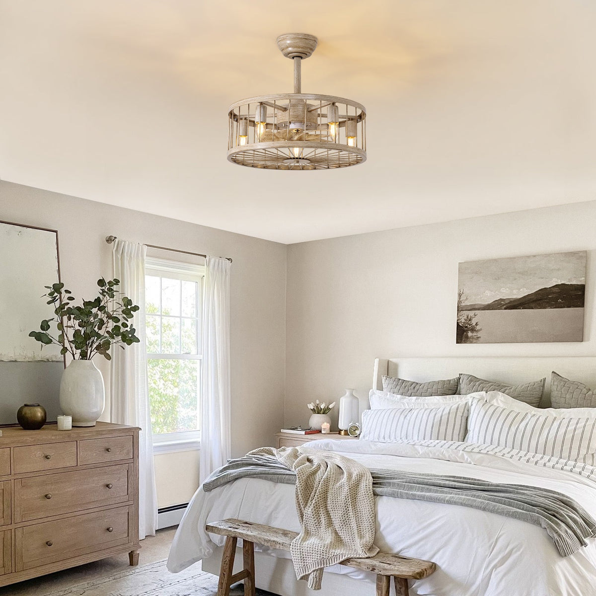 Indoor Industrial Woodgrain Caged Chandelier Ceiling Fan