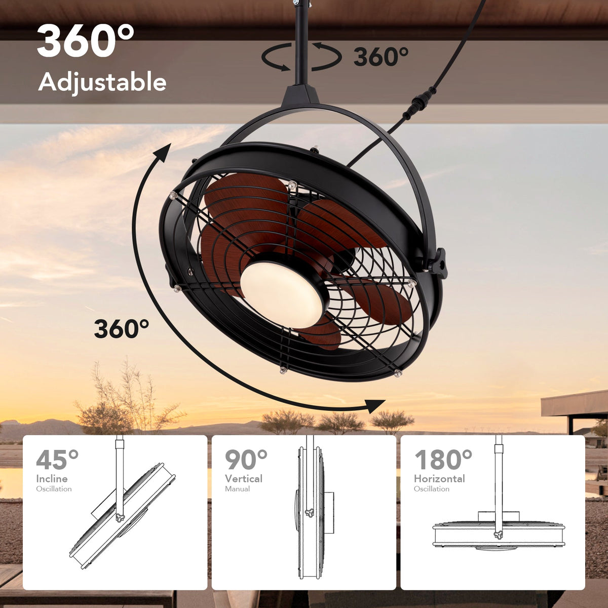 25in Outdoor Waterproof Ceiling Fan with Light 3CCT Dimmable Plug in Caged Ceiling Fan