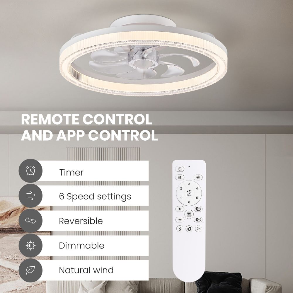 Ventilador de techo de perfil bajo blanco LED de 20" para interiores con iluminación regulable, ventilador de techo pequeño de montaje empotrado con control remoto