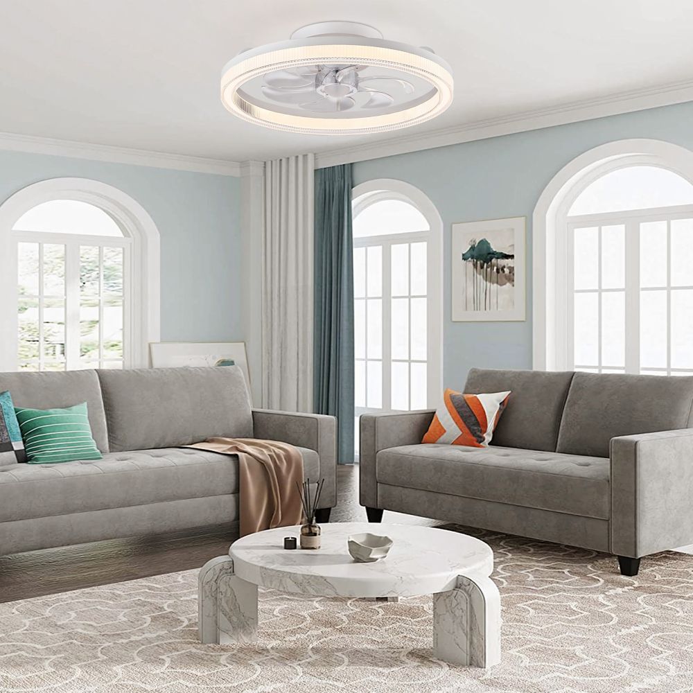 20" LED Indoor White Low Profile Ceiling Fan with Dimmable Lighting Small Flush Mount Ceiling Fan with Remote